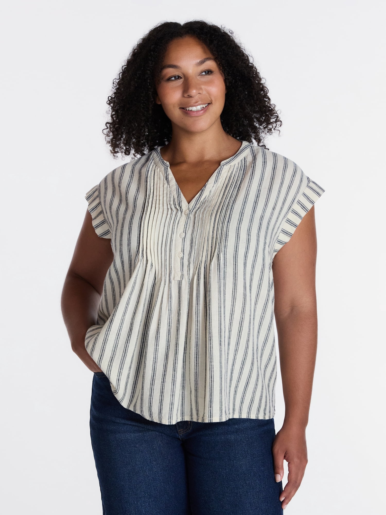 Time and Tru Women's Linen Blend Pintuck Top with Short Sleeves, Size XS-XXXL