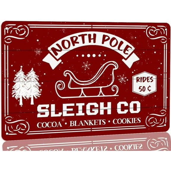 North Pole Sleigh Co Metal Tin Sign Cocoa Blankets Cookies Rustic Christmas Poster Decor for Home Kitchen Cafe Bar Winter Retro Art Wall Decor Sign 8x12 Inch