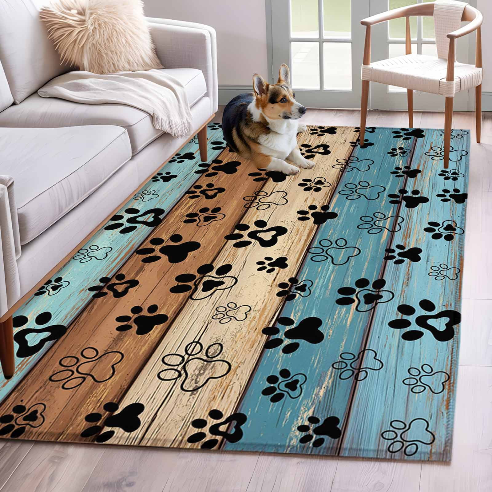 Area Rug for Living Room, Light Blue Brown Non-Slip Indoor Large Carpet for Bedroom/Dining Room, Rustic Farmhouse Dog Paw Vintage Washable Low-Profile Rectangle Floor Mat Runner Rugs - 2.7 x 5 Ft