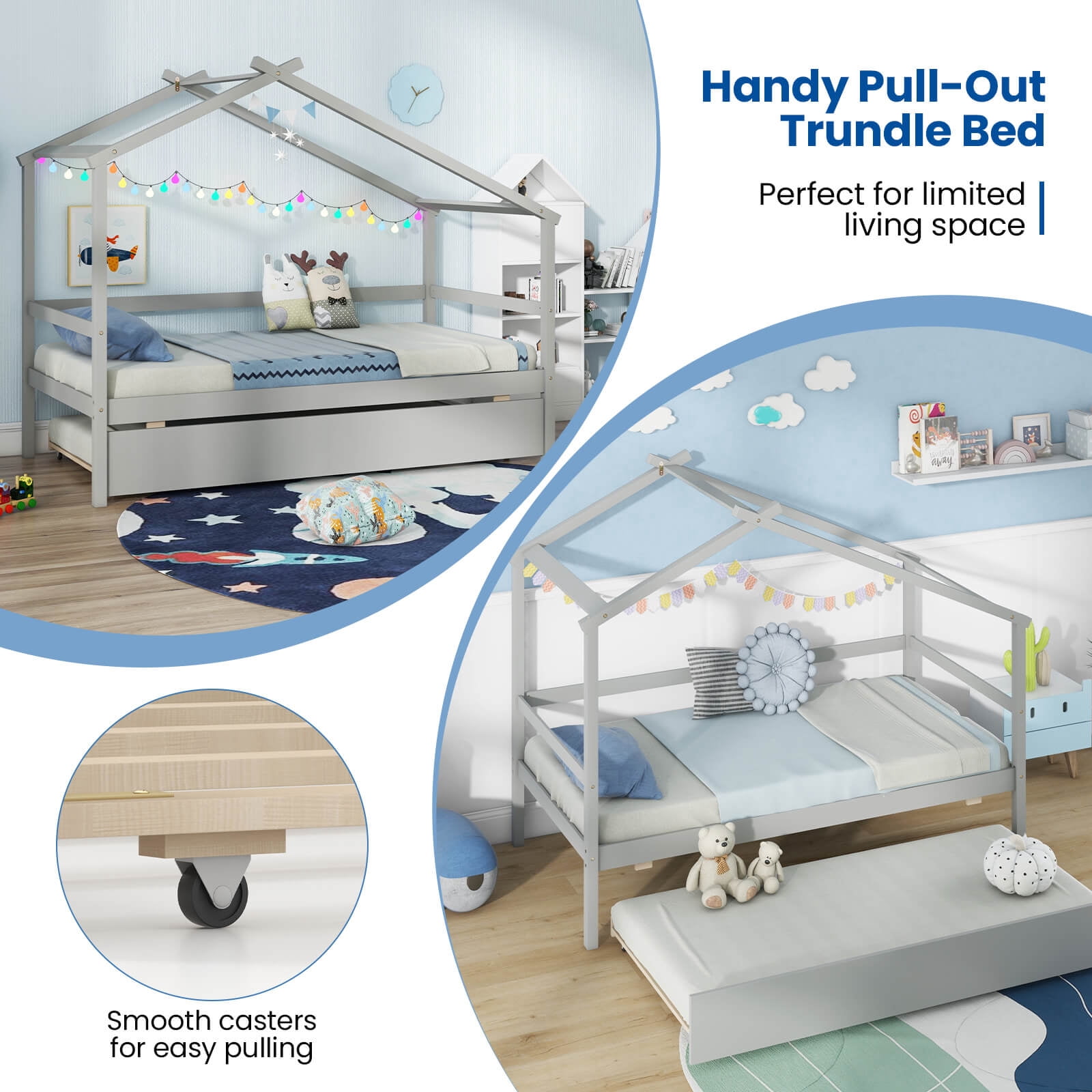 Infans Twin House Bed with Trundle with Roof and Fence Rails Wooden Platform Bed Frame