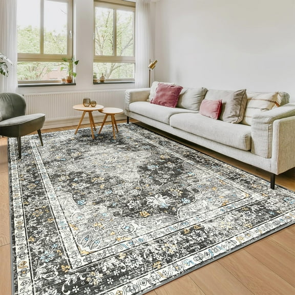 Ultrug Vintage Floral Print Rugs Soft Carpet Retro Area Rug for Living Room Bedroom Home Decor,6'x9',Dark Gray