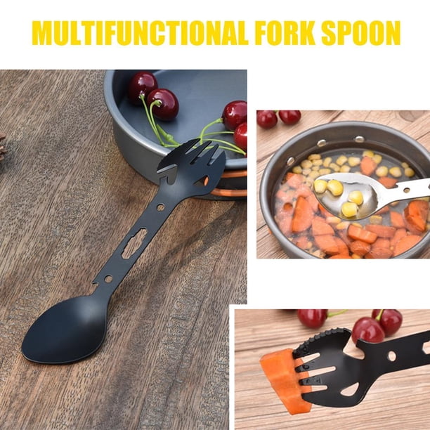 Escalada Llave de cuchara de tenedor Spork de acero inoxidable multifuncional para picnic (negro)