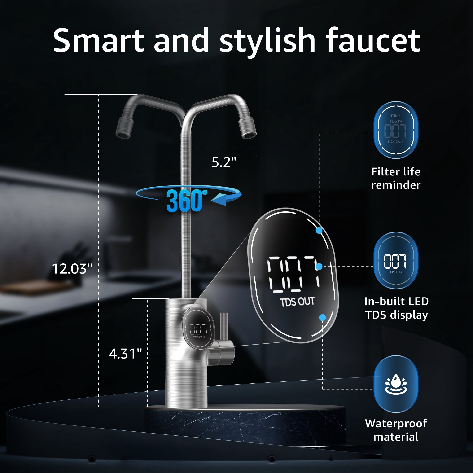 Waterdrop D6 RO Reverse Osmosis System, 600 GPD, Tankless, 1.5:1 Drain Ratio, Smart LED Faucet Water Filtration System