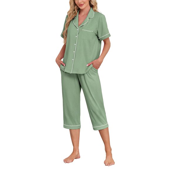 ANLIQI Women's Pajama Sets Modal Short Sleeve Button Down Sleepwear Summer Capri Soft Pajamas Set (Brown, XX-Large)