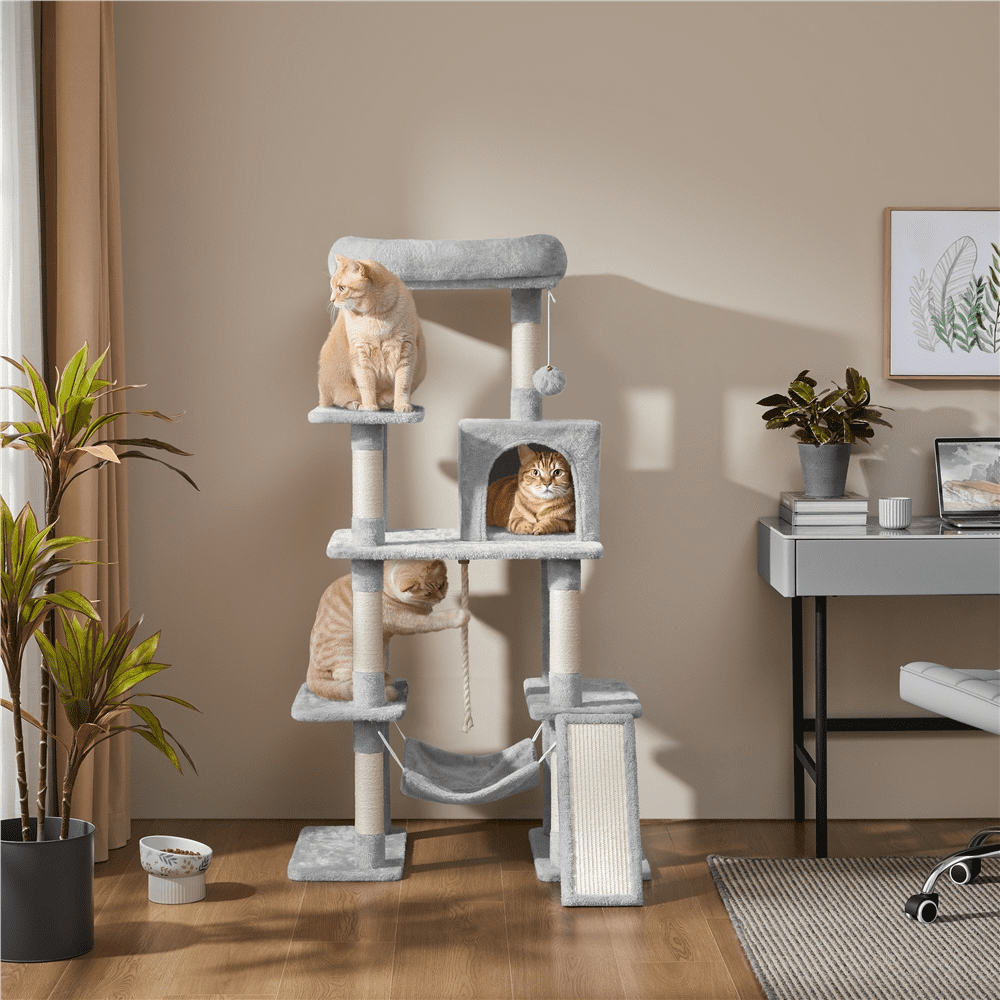 Renwick 54″ Tall Multilevel Plush Cat Tree with Hammock Scratching Posts, Light Gray