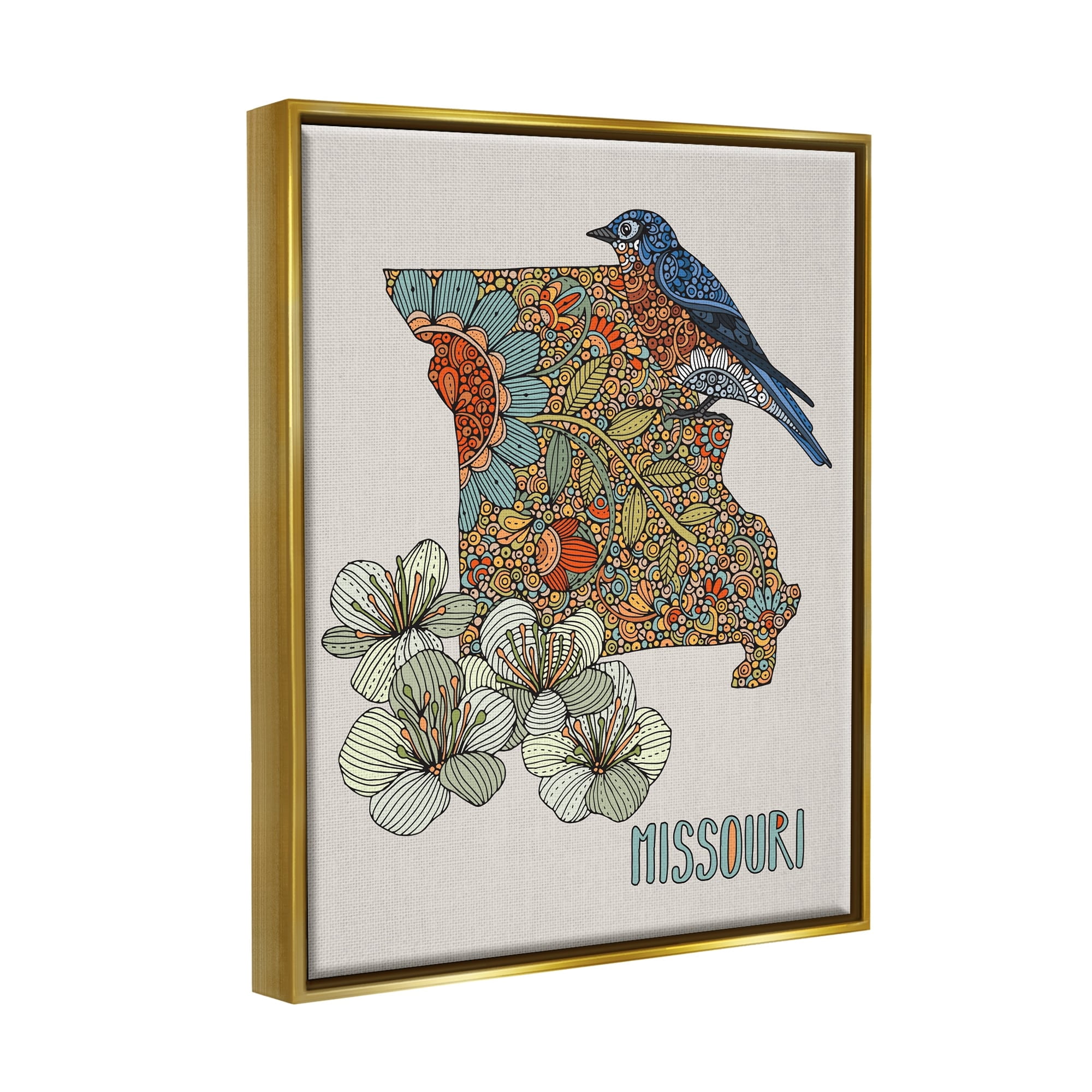 Stupell Industries Missouri Bluebird State Flower Blossoms Intricate Patterns Graphic Art Metallic Gold Floating Framed Canvas Print Wall Art, Design by Valentina Harper