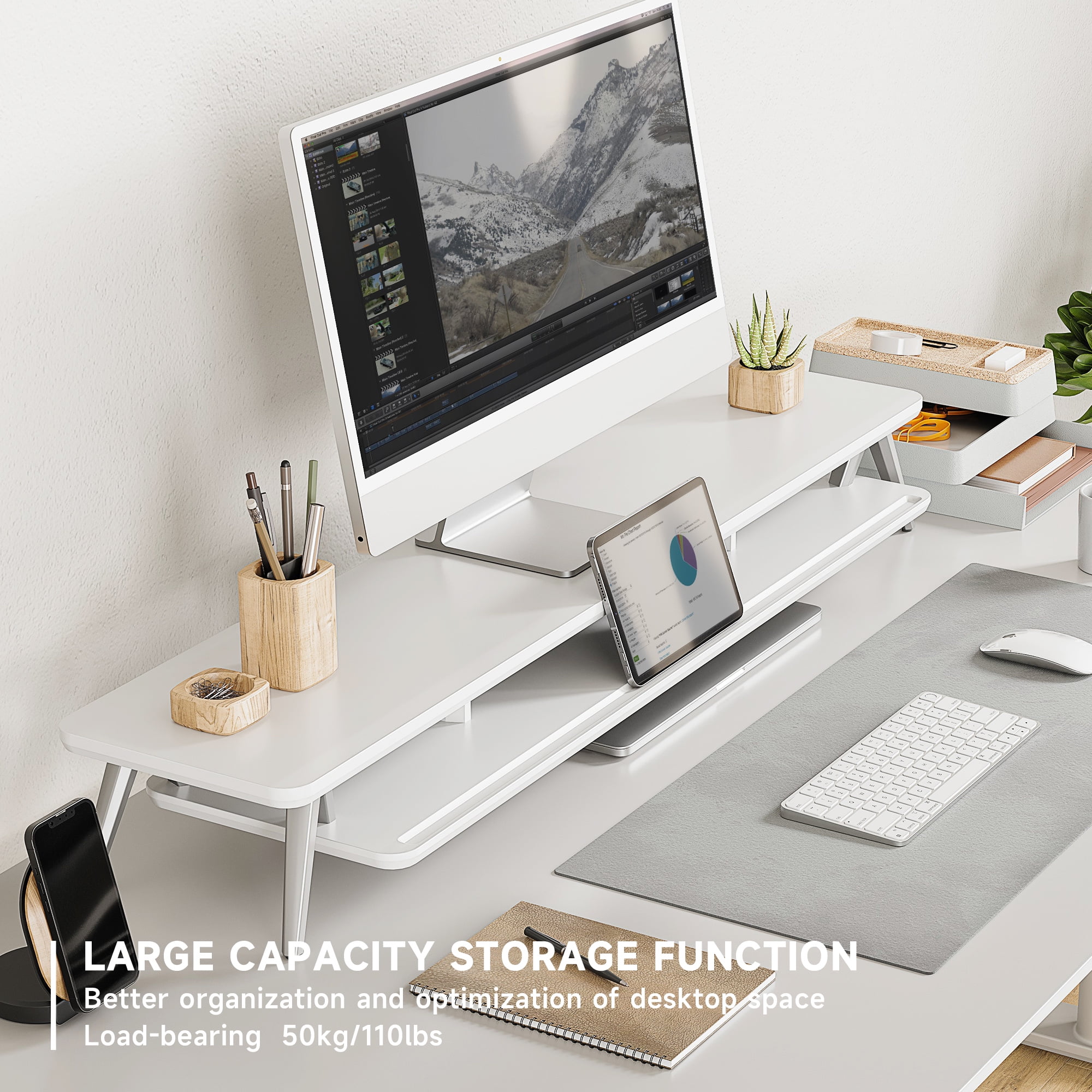 Dual Monitor Stand, 42.5 Inch Wood Desk Shelf with Storage Organizer and Cable Management for Office Desk Accessories