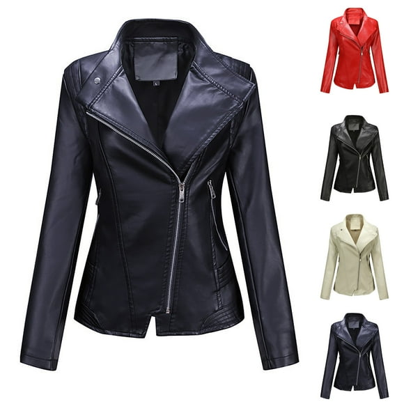 Feancey Leather Jacket Women Trendy Motocycle Jackets Long Sleeve Lapel Bike Coats Lightweight Zip up Bomber Jacket with Pockets Beige L