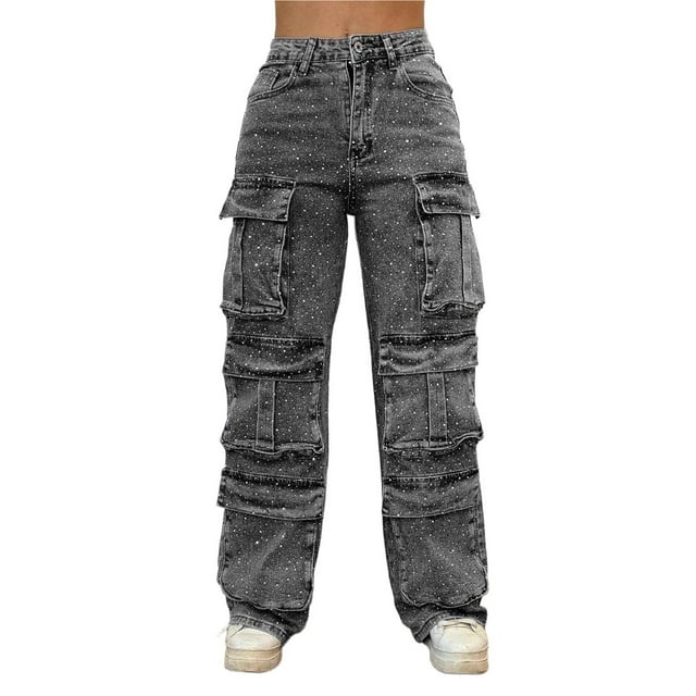 Pantalones vaqueros de pierna ancha con diamantes de imitación for mujeres y adolescentes, pantalones de mezclilla elásticos y holgados for fiestas y festivales