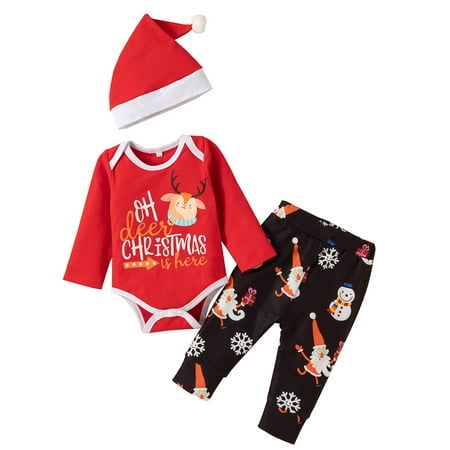 

Wodstyle Christmas Print Kids Baby Long Sleeve Romper + Pants + Hat Casual Xmas Holiday Outfits Set