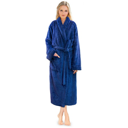 PAVILIA Premium Womens Plush Soft Robe Fluffy, Warm, Fleece Sherpa Shaggy Bathrobe (S/M, Blue)