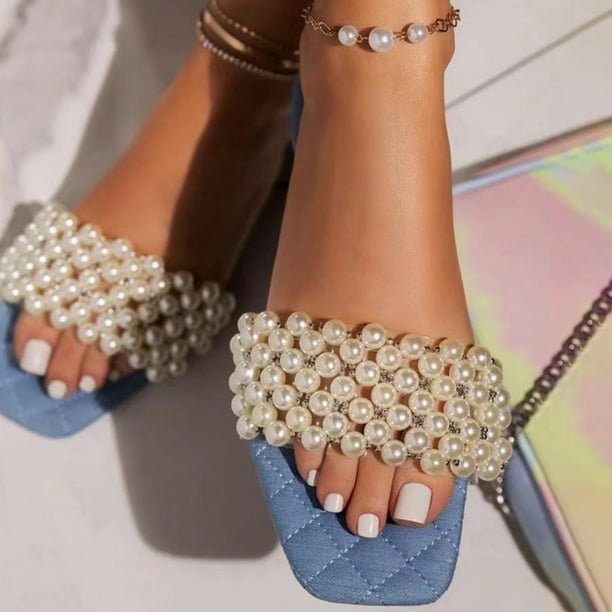 Flat sandals with pearl beads sale
