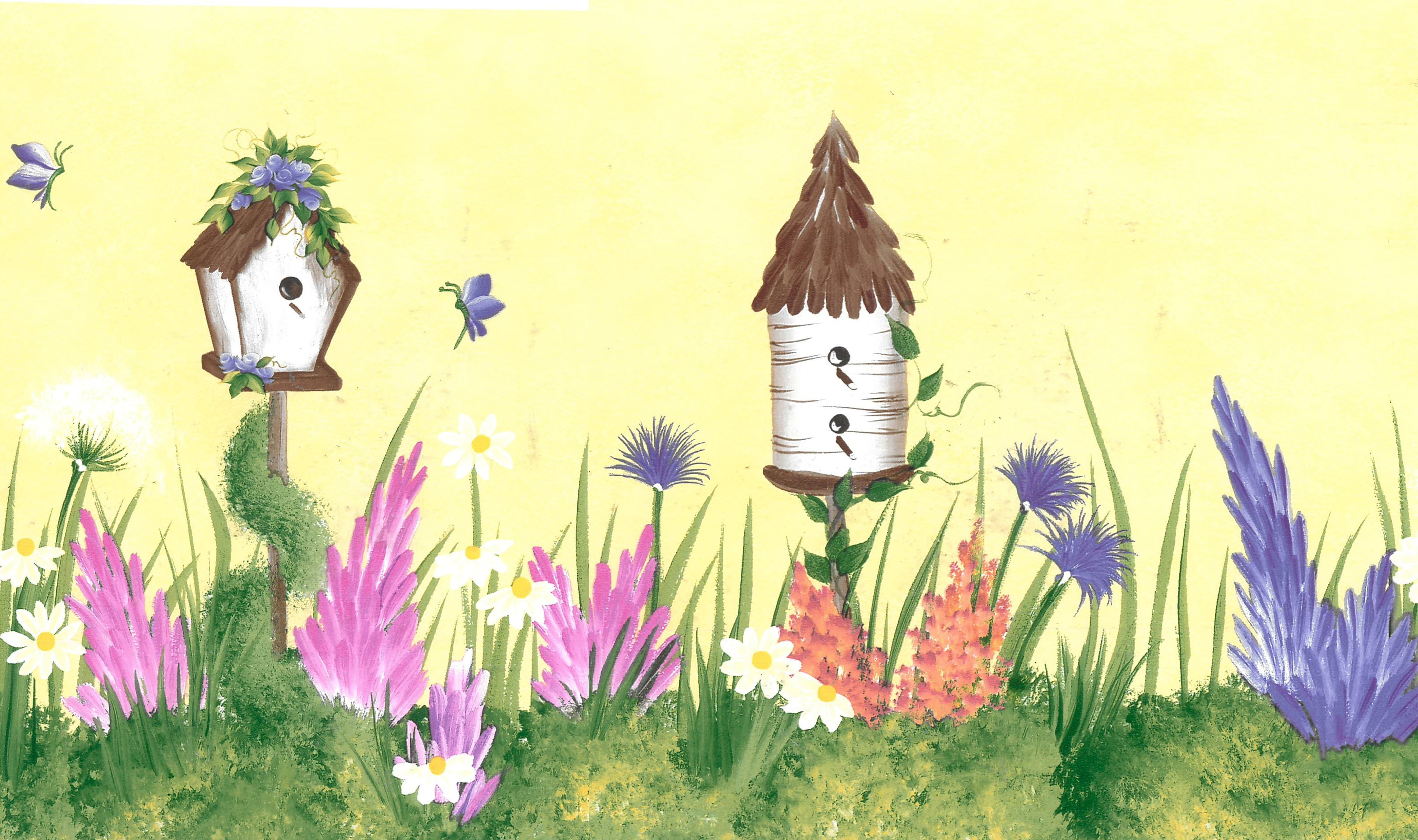 Dundee Deco Prepasted Wallpaper Border - Floral Yellow, Pink, Violet Birdhouses, Flowers, 15 ft x 6.89 in