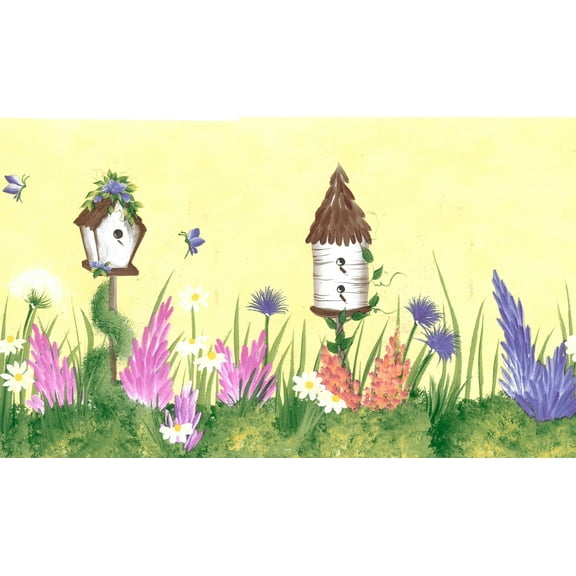 Dundee Deco Prepasted Wallpaper Border - Floral Yellow, Pink, Violet Birdhouses, Flowers, 15 ft x 6.89 in