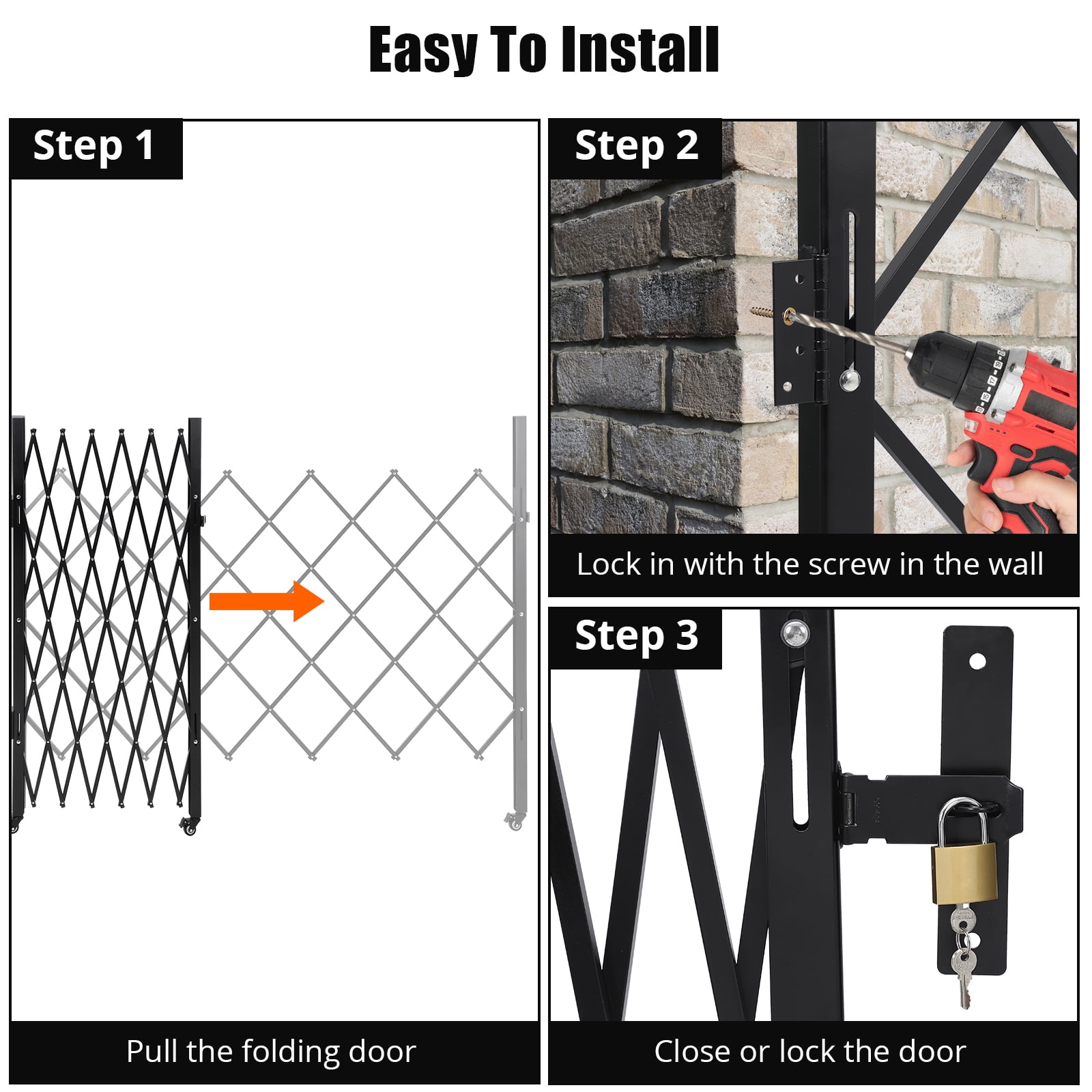 Retractable Double Folding Gate with 360° Rolling Casters - Heavy-Duty Steel Construction for Home and Industrial Security