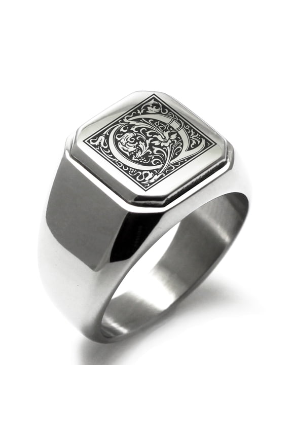 Stainless Steel Letter Q Initial Floral Box Monogram Engraved Engraved Square Flat Top Biker Style Polished Signet Ring