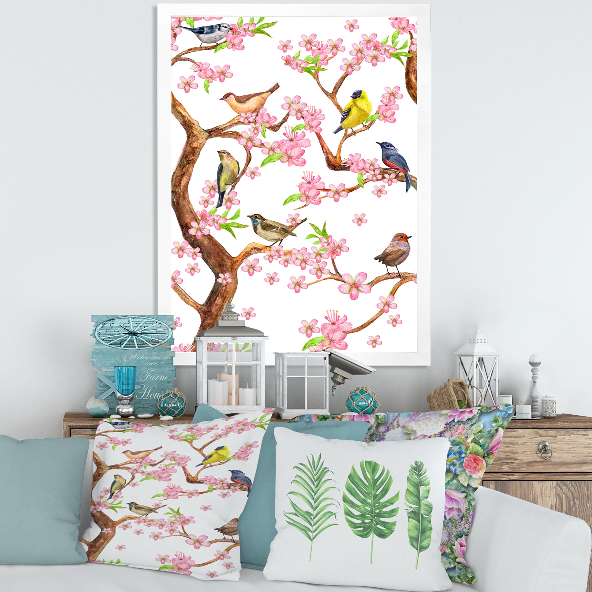 Colorful Little Birds On Spring Flowers Tree 30 in x 40 in Framed Painting Canvas Art Print, by Designart