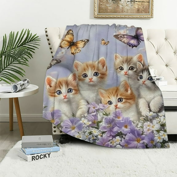 Orinice Cute kitten blanket, cute cat and butterfly throwing blanket in lavender, gift for girls, female, adult, light and soft Comfortable sofa, sofa, bed, room, travel, birthday decoration 40x50in