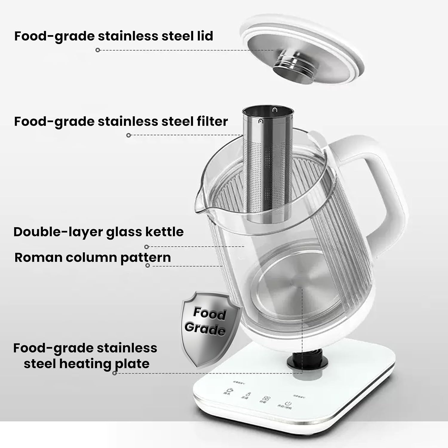 Double-Layer Electric Kettle 1.5L with Stew Pot, 9-in-1 Glass Tea Maker, Programmable Touch Panel, Stainless Steel Base for Soup Porridge Herbal Tea, White