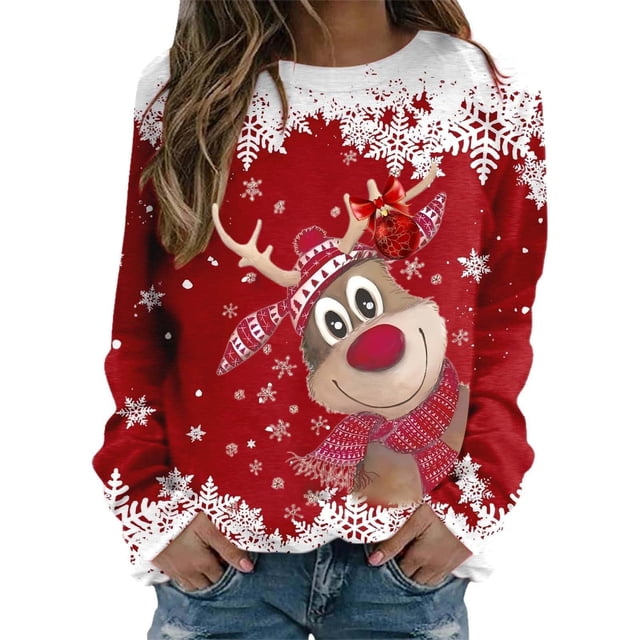 VJATTWR Mes Articles Chandail en Molleton de Noël pour Femmes Chandail en Molleton Imprimé Tête de Cerf Flocon de Neige Manches Longues Col Rond Chandail Athlétique