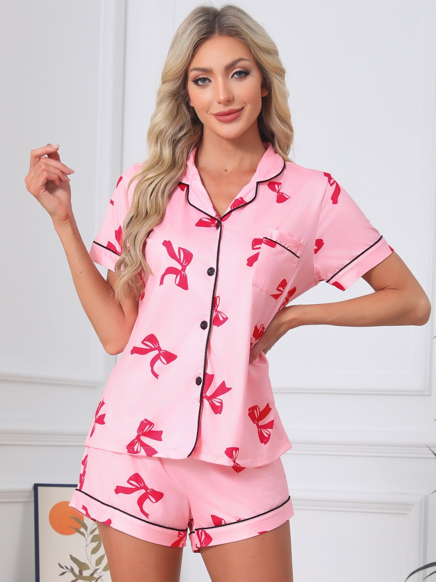 DARING DIVA Women's Pajama Sets Short Sleeves Bow Button Up Tops and Shorts M Bright Pink