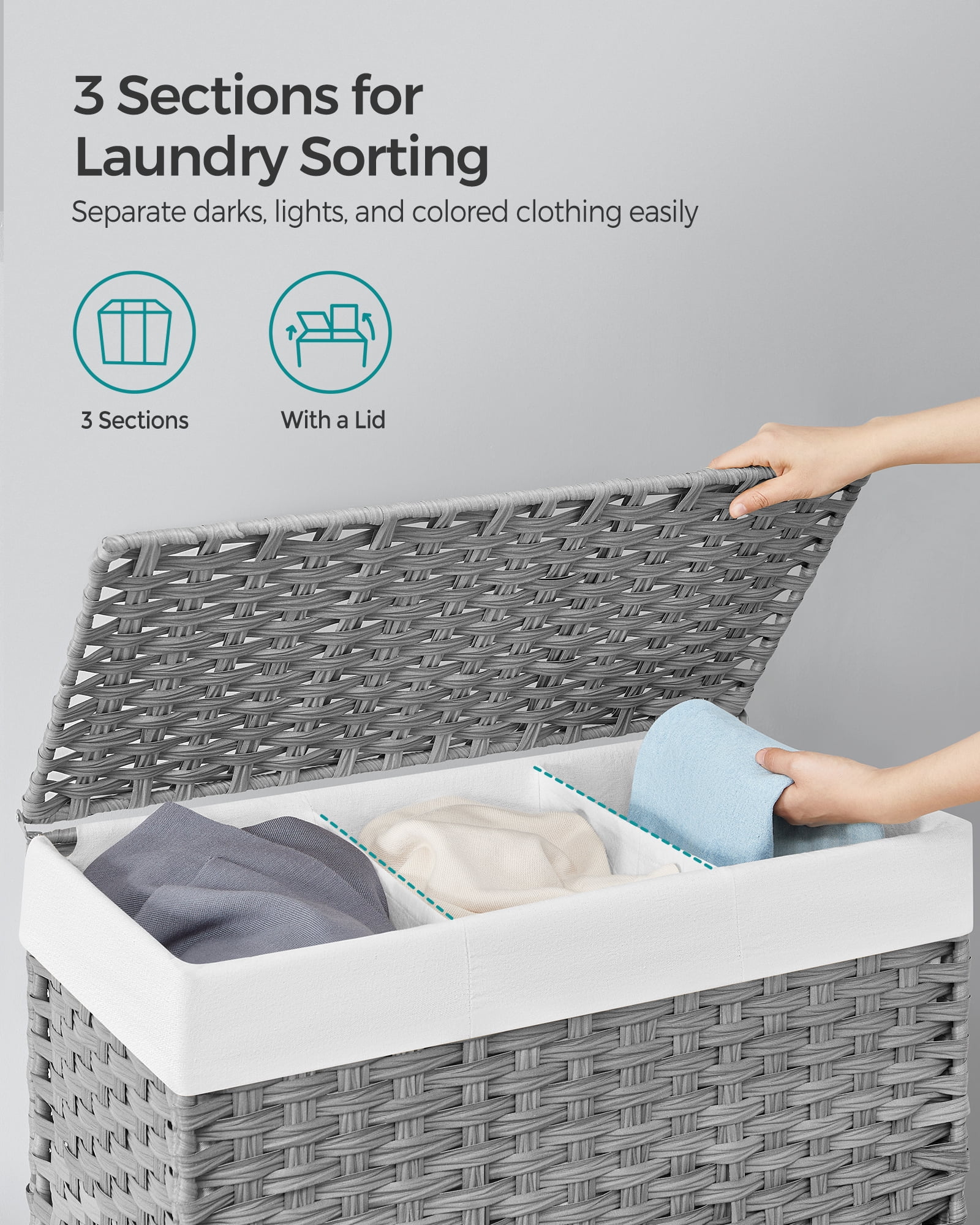 160L Laundry Hamper with Lid Rolling Laundry Basket with Wheels 3-Section Synthetic Rattan Laundry Hamper Removable Liner for Bedroom Gray