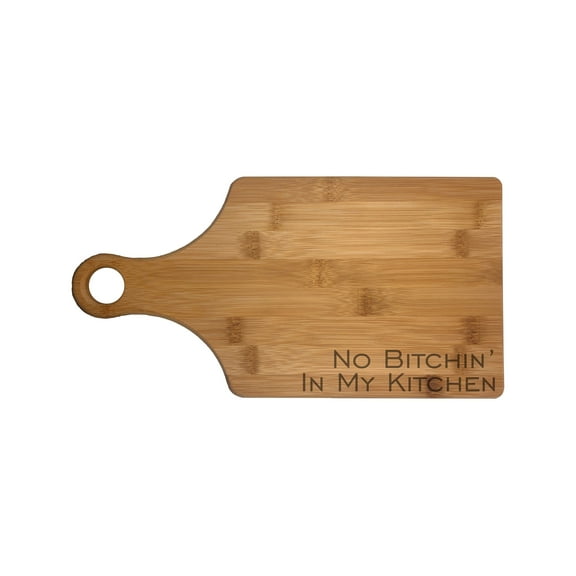PrecisionNC Funny Cooking Gifts No Bitchin in my Kitchen Engraved Paddle Shaped Natural Wood Cutting Board Bamboo