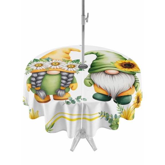 Outdoor Tablecloth with Umbrella Hole for Patio/Picnic/Party/Camping, Sunflowers Gnomes Waterproof Table Cloth Round Cover Washable, Eucalyptus Spring Garden Floral (Dia 54")
