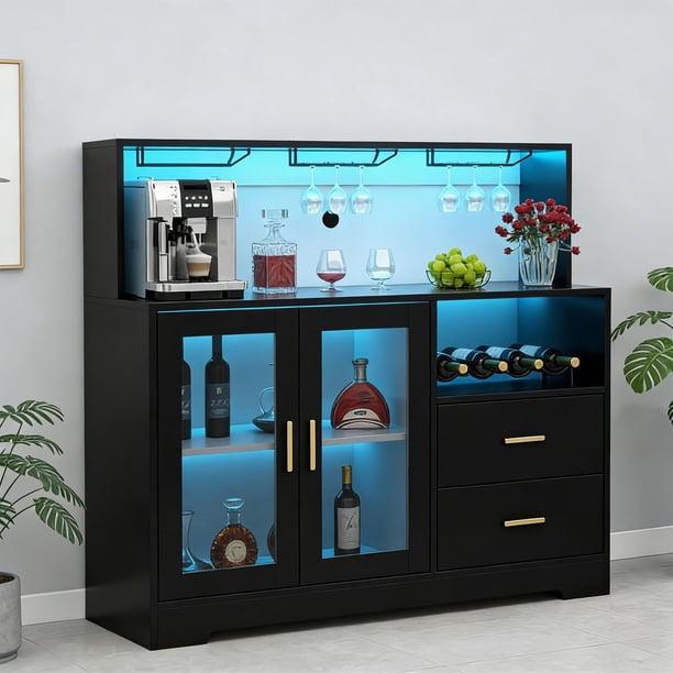 para Cocina, Cantina Bar Mueble para Casa con Luces LED, Toma de Corriente, Gabinete para Vinos Botellero y Copas, Gabinetes de Almacenamiento, 120 * 40 * 115cm (Negro)