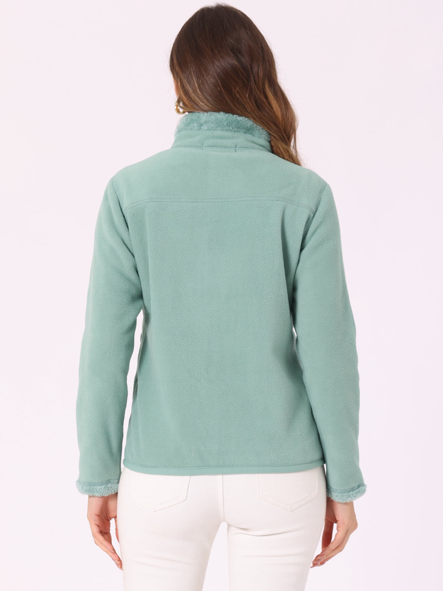 Unique Bargains Women's High Neck Full Zip Fleece Jacket Coat M Green