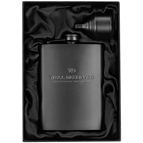 Flacon Noir Mat 8 Oz + Entonnoir Noir + Pochette en Toile Noire. Coffret Cadeau, Emballage Élégant. Flacon à Croupe en Acier Inoxydable Gravé pour Liqueur pour Hommes