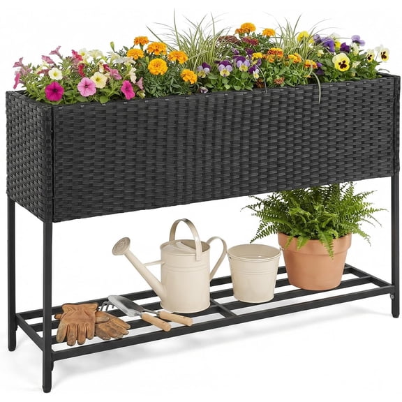 Neatifyes Raised Garden Bed, Rattan Planter Raised Bed with Legs, Bottom Storage Shelf, Removable Liner, Drainage System, Wicker Elevated Planter Box w/Legs for Vegetables Flowers (40” x 12” x 28”)