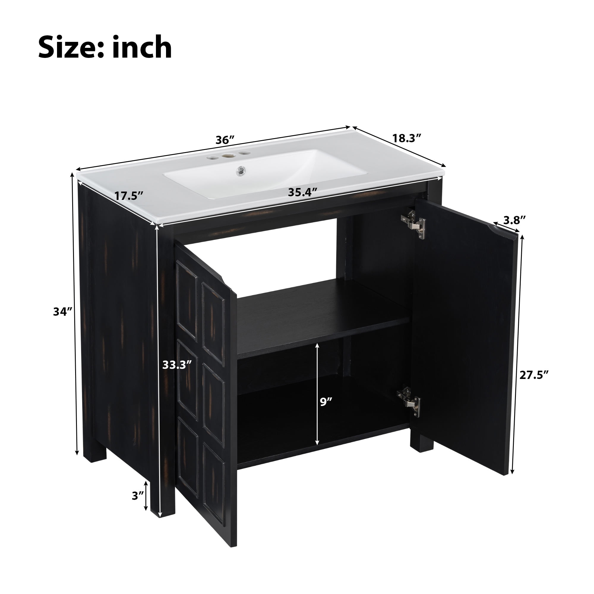 Vintage Bathroom Vanity with Ceramic Sink, Artisanal Distressed Finish and 2 Doors, 36" Espresso for Rustic Bathrooms
