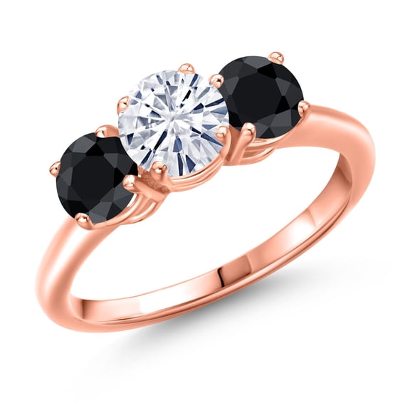 Gem Stone King 18K Rose Gold Plated Silver White Moissanite and Black Sapphire Engagement Ring for Women | 2.18 Cttw | Round 6MM | Gemstone Birthstone | Size 5