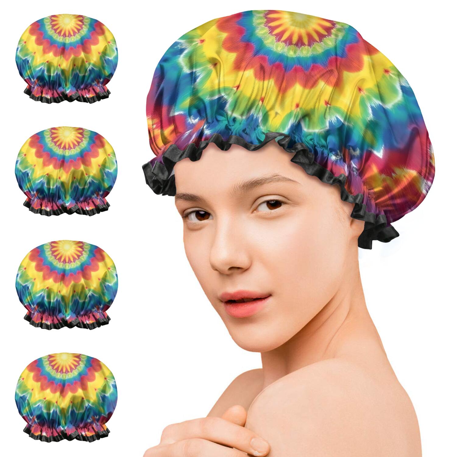 Shower Caps,Rainbow Tie Dye Star Mandala Pattern Waterproof Shower Cap for Women 4 Pieces,Double Reusable Hair Cover for Shower PEVA Elastic Stretch Hem