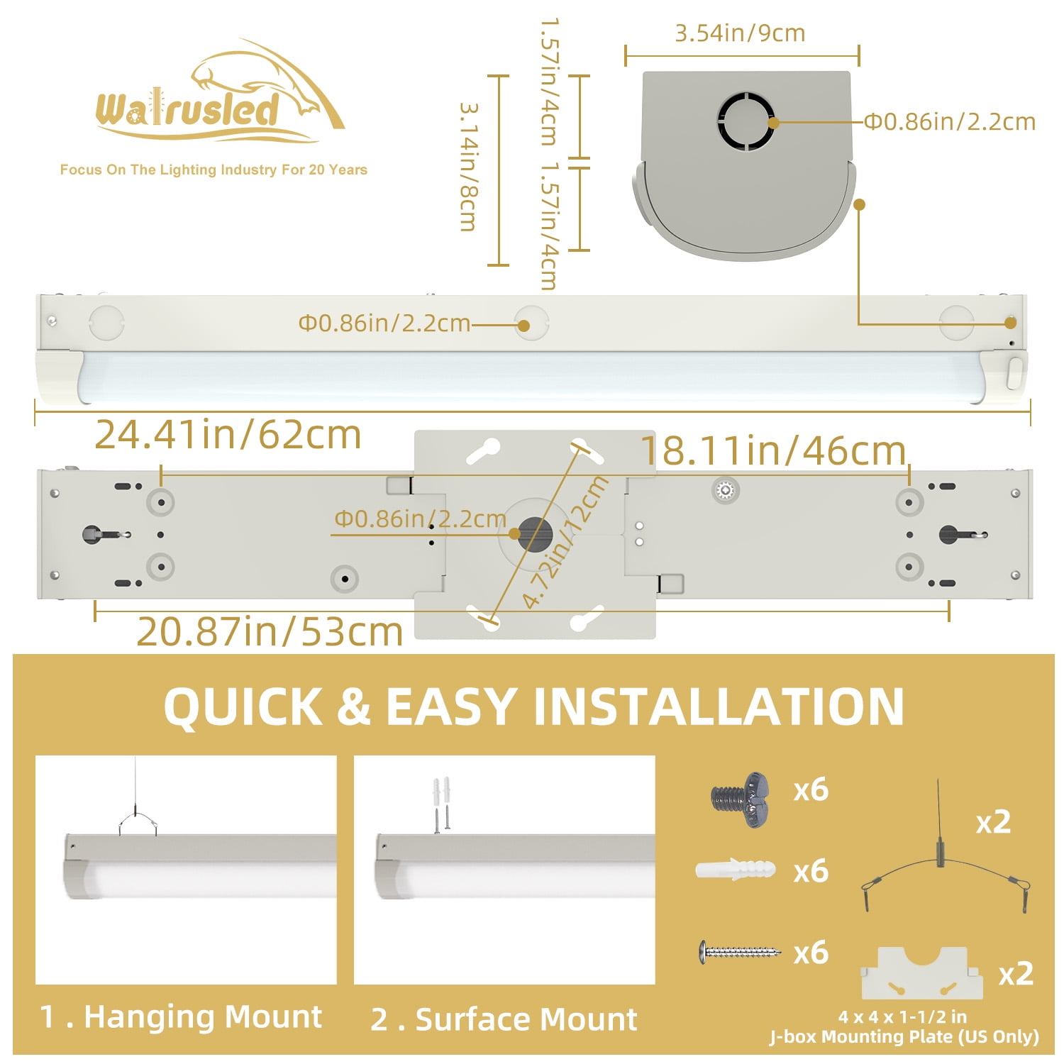 2FT LED Linear Strip Stairwell Light, 10W/20W 2 Watt Selectable, 1250lm/2500lm 5000K, 100-277V, IP20,0-10V Dimmable 2 ft Commercial Linkable LED Shop Ceiling Light Fixture for Office Workshop,ETL/DLC