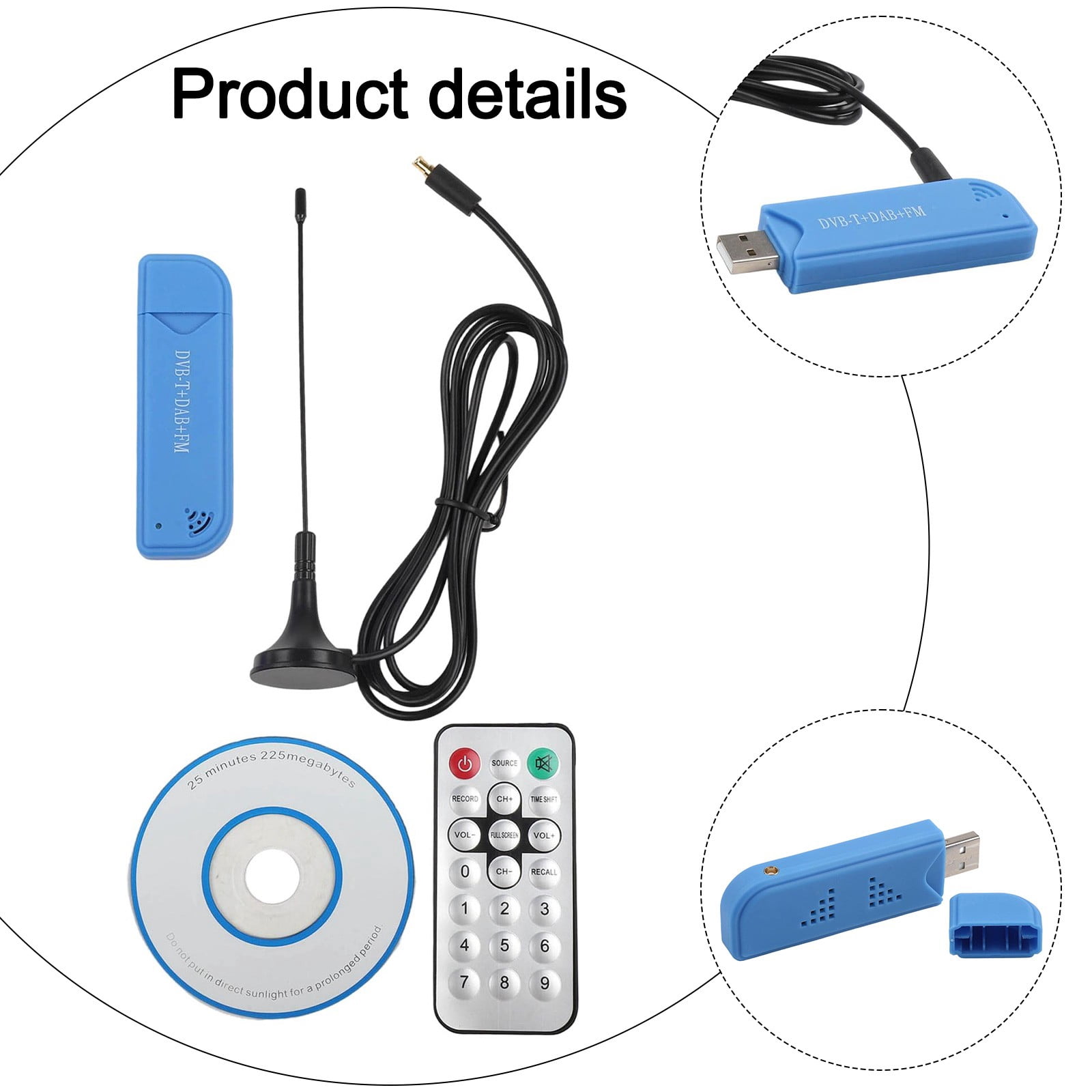 USB2.0 25MHz-1760MHz FM Digital TV Tuner Dongle Receiver with Antenna for