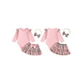 thumbnail image 2 of Baby Toddler Girls 3-piece Outfit, 0 3 6 12 18 Months Long Sleeve Romper with Plaid Skirt Bowknot Headband Fall Outfit, 2 of 9