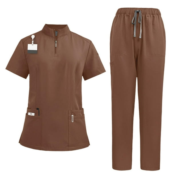 Conjunto de uniforme médico de manga corta con camiseta y pantalón para centro de belleza y peluquero canino. Marrón