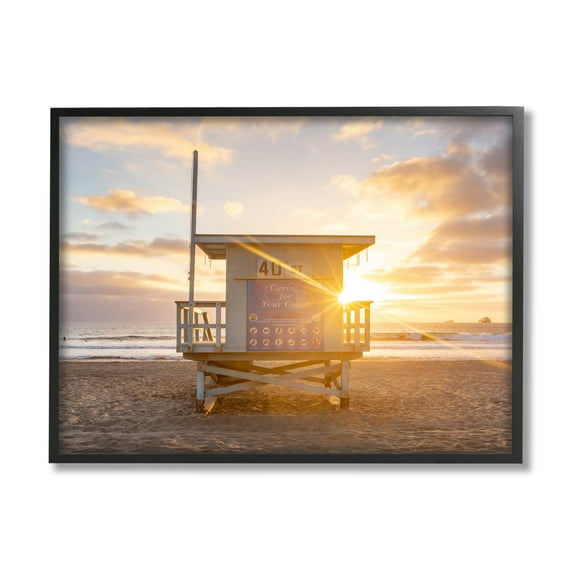 Beach Hut Sunset Flare Coastal Photograph Black Framed Art Print Wall Art