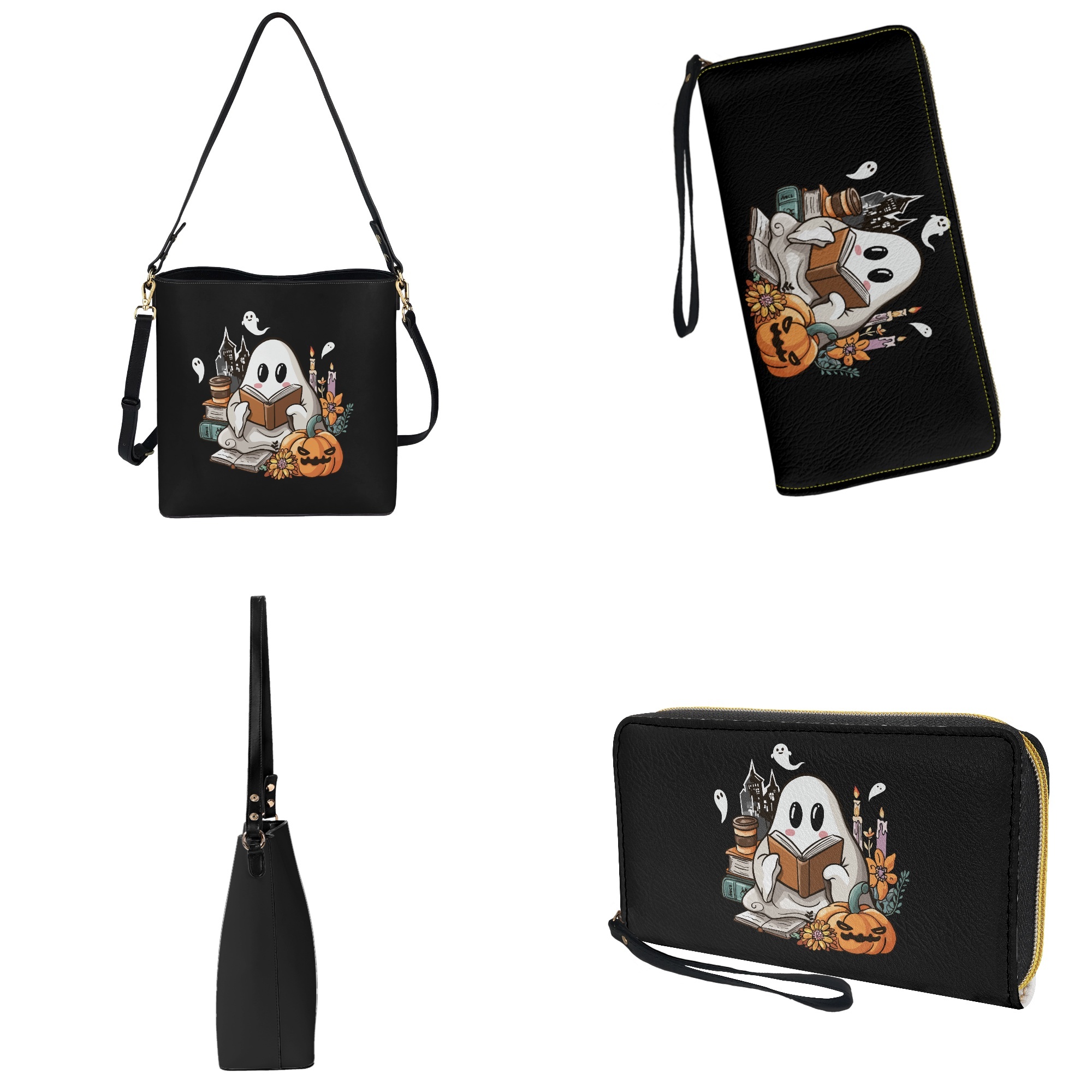 ZUXONGSY Ghost Pumpkin Print Bucket Crossbody Bag Set for Women Lady Lightweight Crossbody Hobo Bag with Wallet Set Large 2 Pcs Bucket Purse Set for Shopping