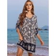 thumbnail image 5 of Women Casual Beach Summer Boho Tassel Tie Neck 3/4 Long Sleeve Short Floral Print Cover Up Sundresses Black M, 5 of 6