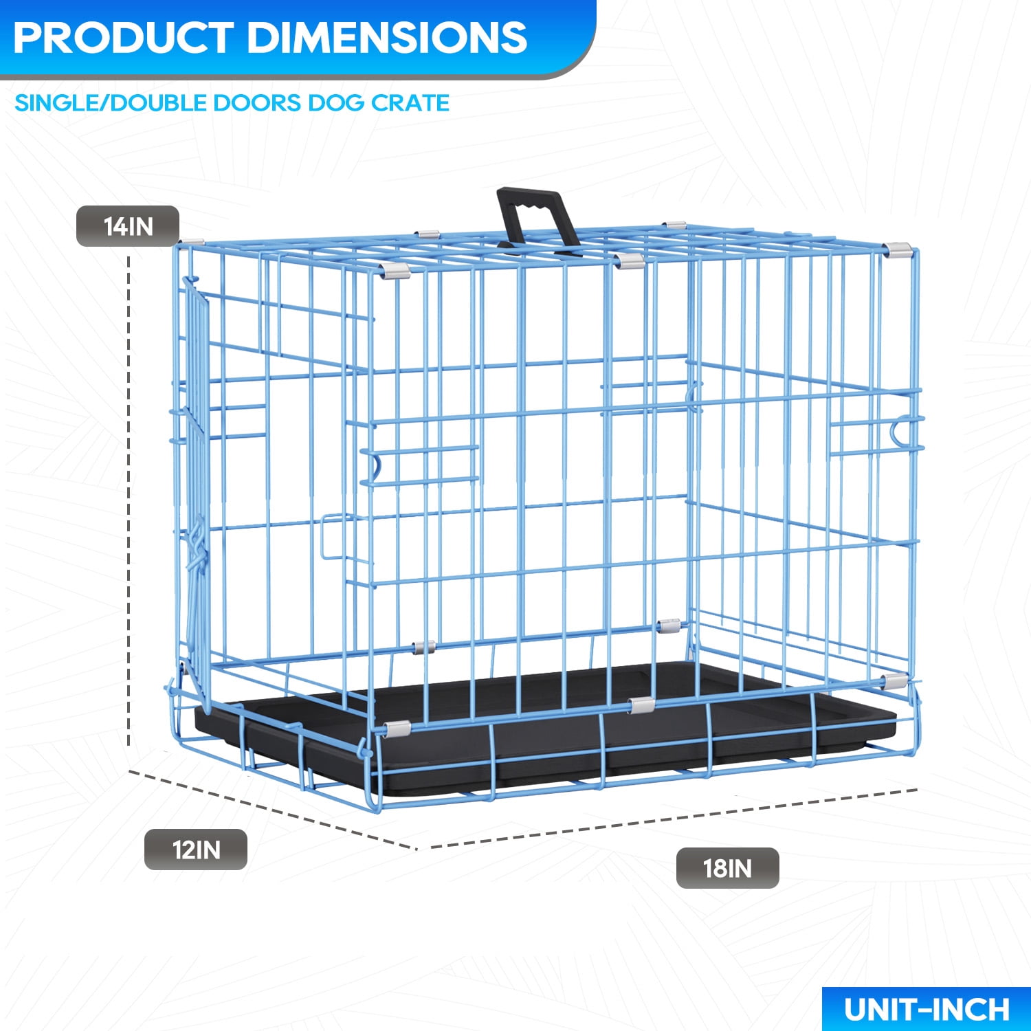 Small Dog Crate 18" Puppy Cage Dog Kennel Dog Cage Foldable Metal Wire Pet Cage with Handle Plastic Tray for Puppies （Blue）