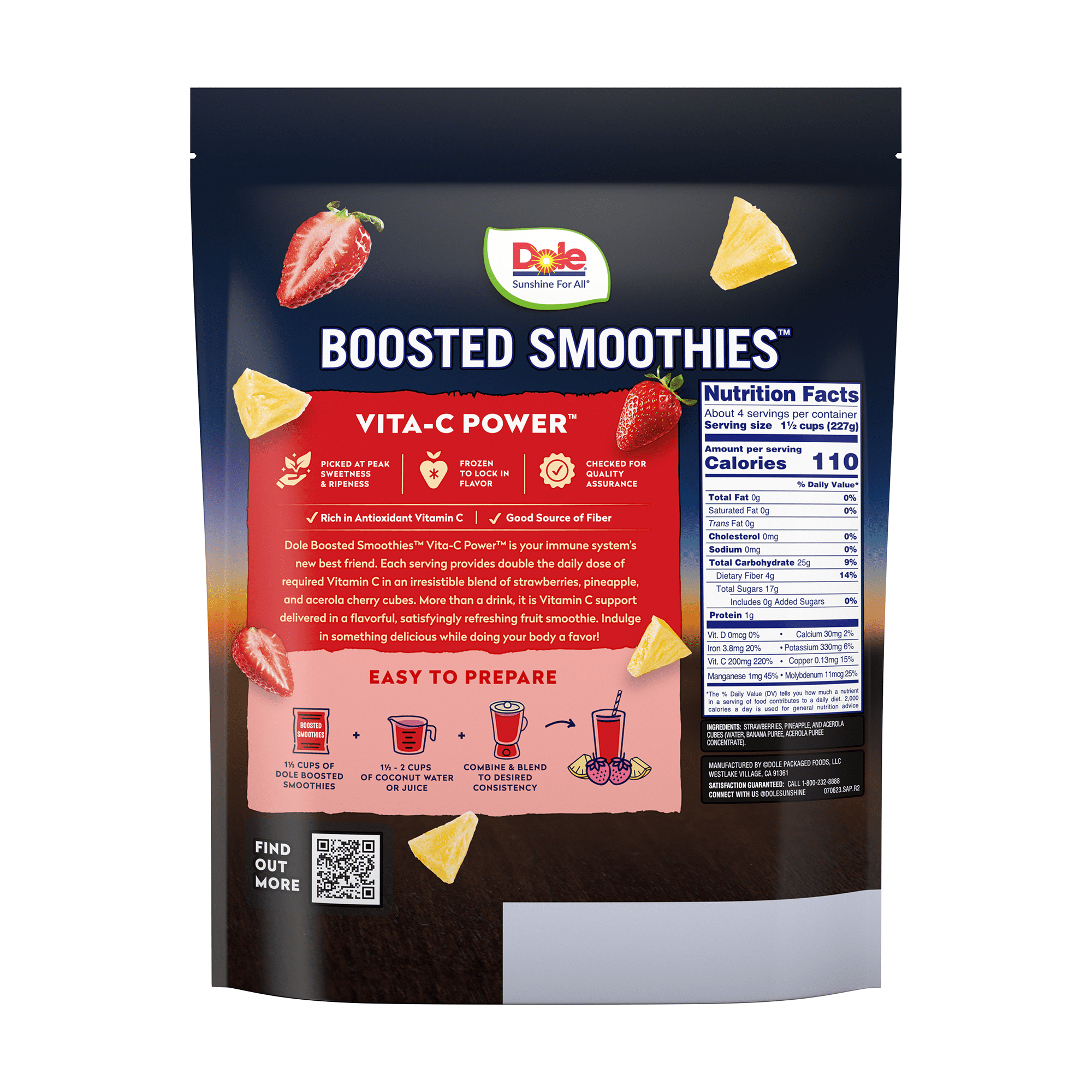 Dole Boosted Blends Frozen Strawberry and Pineapple Vita-C Smoothie Blend, 32 oz