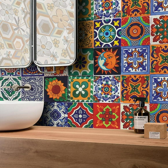24 Pieces Mosaic Kitchen Wall Stickers, Colorful Wall Tile Stickers, DIY Moroccan Tile Stickers for Bathroom, Stair Sticker Tile Film, Waterproof Sel