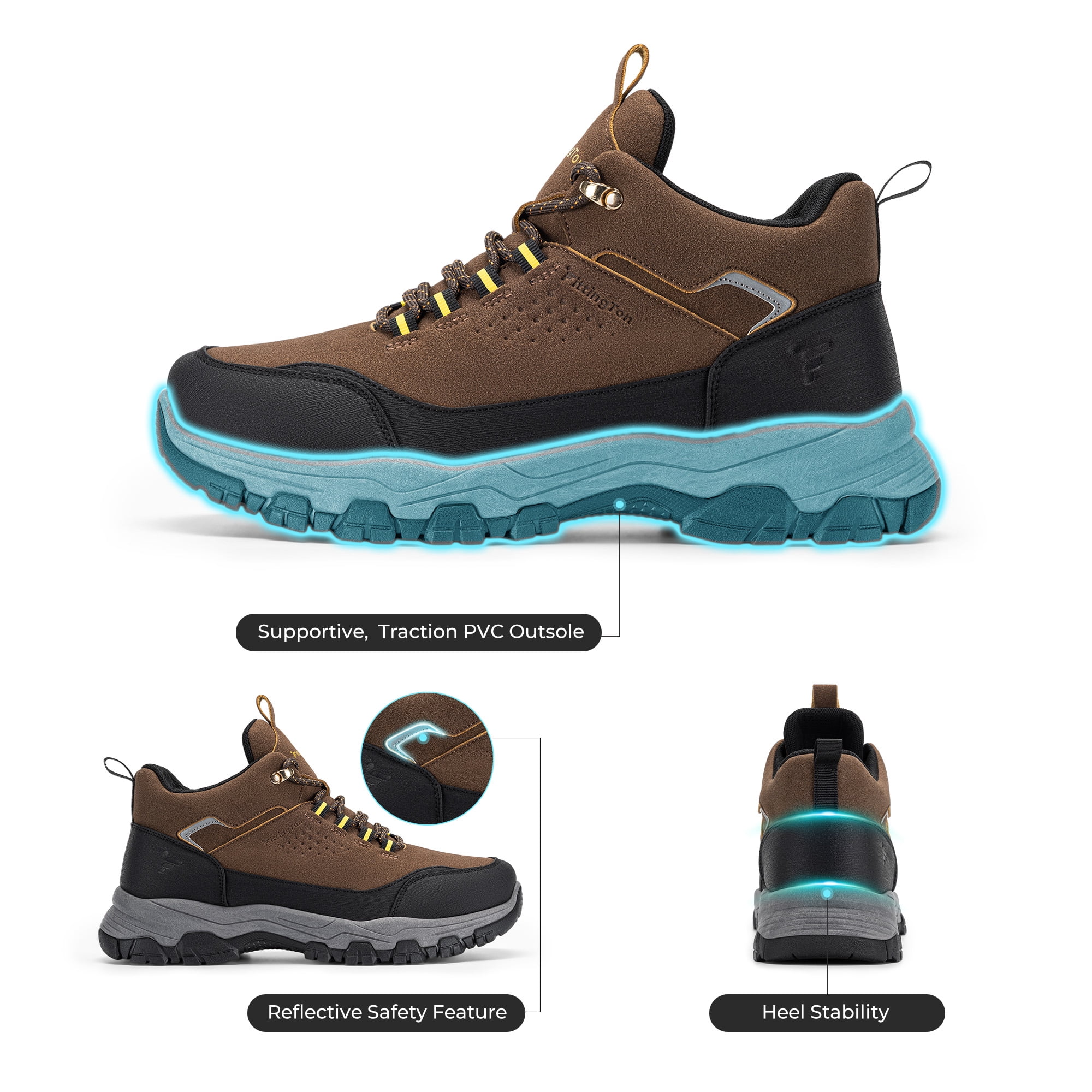 Fittington Men's Walking Hiking Shoes Outdoor Trekking Athletic shoes Arch Support | Reflective Safety Feature | Dark Brown/Gray