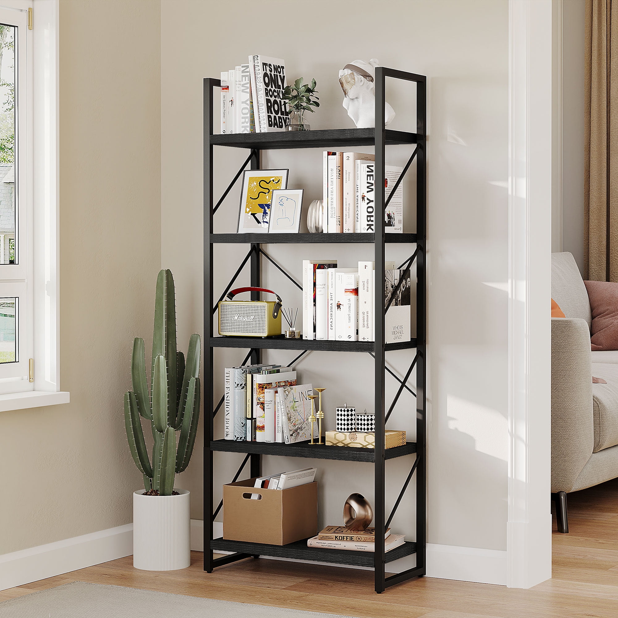 Dextrus 5-Tier Bookshelf, Ladder Bookcase, Industrial Freestanding Book Shelf Modern Open Display Storage Organizer Book Shelves for Bedroom, Living Room and Home Office, Black