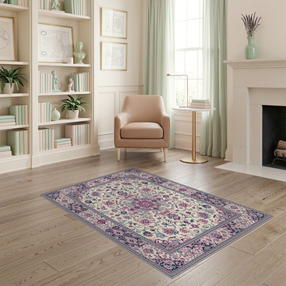 ODIKA Mauve Rose Floral Medallion With Vintage Scroll Border And Trellis Non-Slip Chair-Friendly for Home Office, Gaming Room, Under Desk