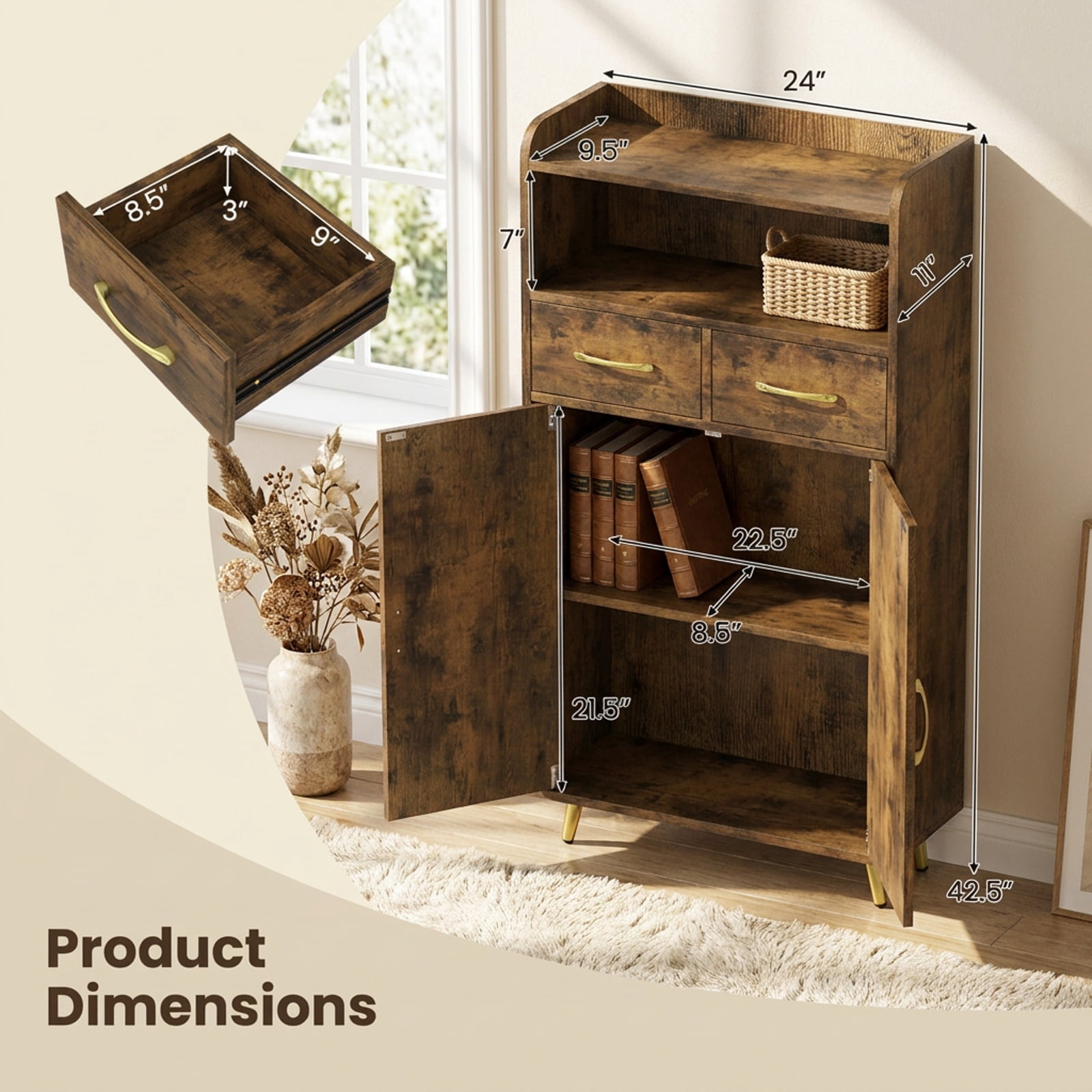 Vebreda Freestanding Bathroom Storage Cabinet, Bathroom Storage Cabinet Freestanding Floor Cabinet with 2 Drawers, Complement Various Rooms