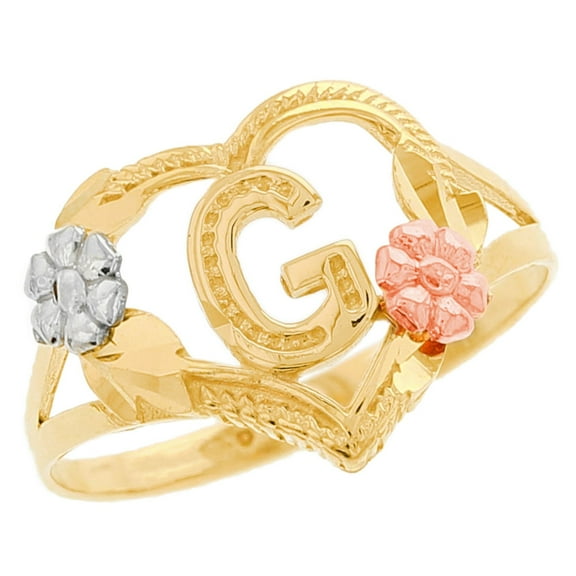 JackAni 14k Multi-Tone Gold Diamond Cut Floral Letter Initial G Heart Ring